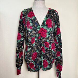 LUCKY BRAND Vintage Red Floral Print Button-Up Cotton Cardigan Sweater Women's L